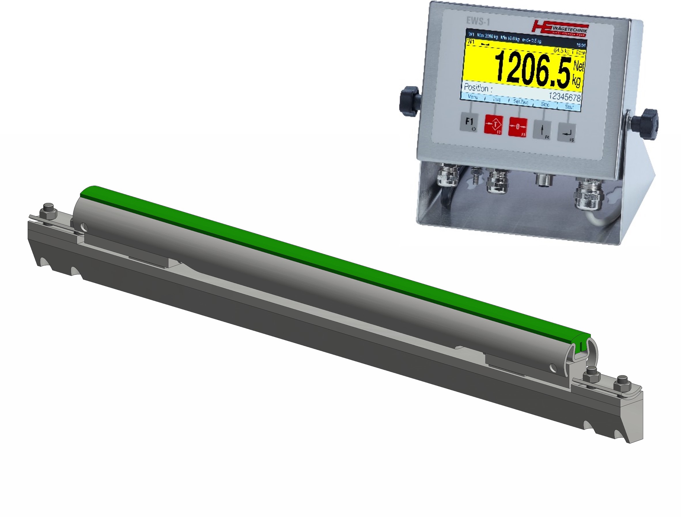 Geeicht lieferbare Rohrbahnwaage Kunststoffschiene – ESSMANN – Höchstlast 150 kg – Ablesbarkeit 0,02 kg – Wägelänge 600 mm – Systec IT1 Wägeterminal