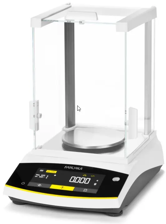Analysenwaage – Sartorius Entris II BCA223I-1S – Höchstlast 220 g – Ablesbarkeit 1 mg – Wägefläche Durchmesser 120 mm – Windschutz – Justierung mit internem Prüfgewicht – Edelstahl–Wägeplatte