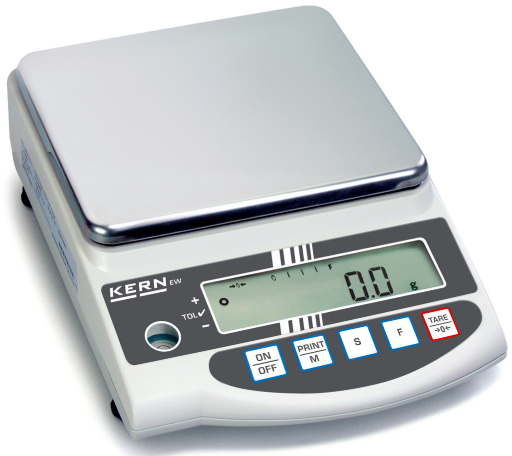 Präzisionswaage – KERN EW 820–2NM – Höchstlast 820 g – Ablesbarkeit 0,01 g – Wägefläche 170 x 140 mm – Justierung mit externem Prüfgewicht – Edelstahl–Wägeplatte 