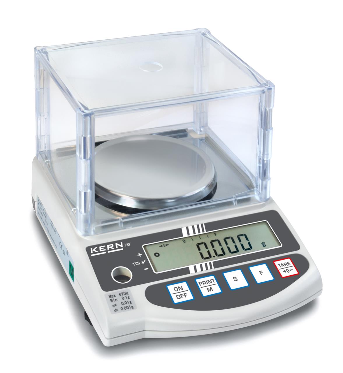 Precision balance – KERN EG 620–3NM – Maximum load 620 g – Readability 0.001 g – Weighing surface diameter 118 mm – Adjustment with internal test weight – Stainless steel weighing plate