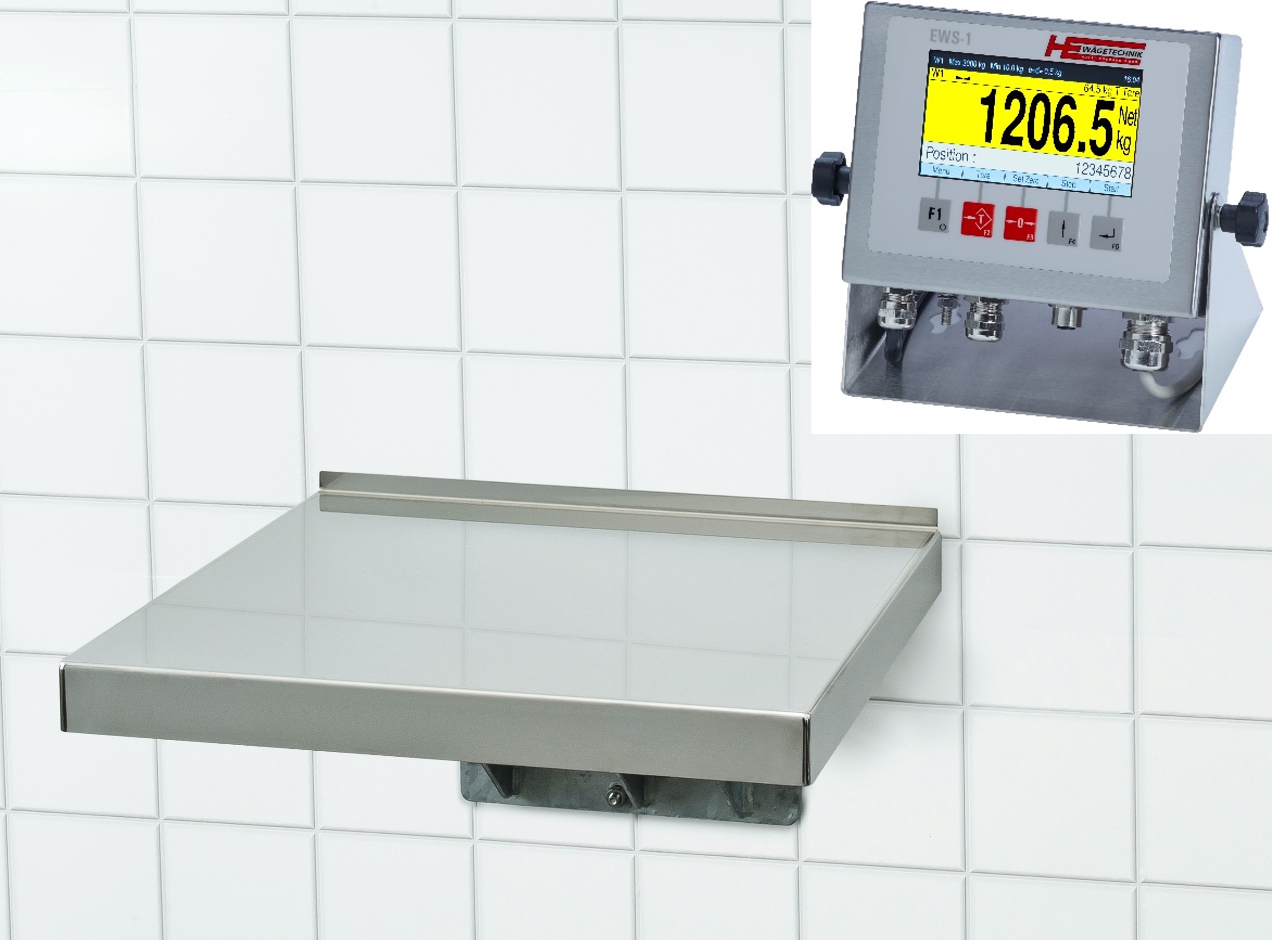 Geeicht lieferbare Wandwaage kompakt – ESSMANN  – Höchstlast 60 kg – Ablesbarkeit 20 g – Systec IT1 Wägeterminal – Edelstahl