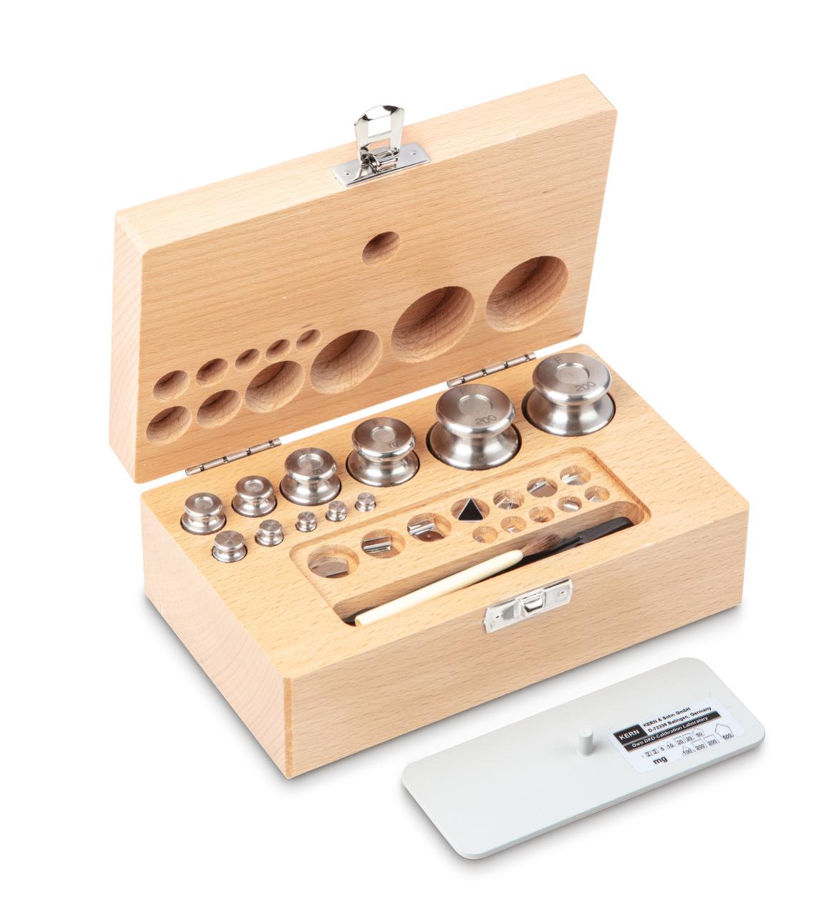 Weight set KERN 333-04, OIML class F2, nominal value 1 mg; 200 g, knob, , in the wooden case
