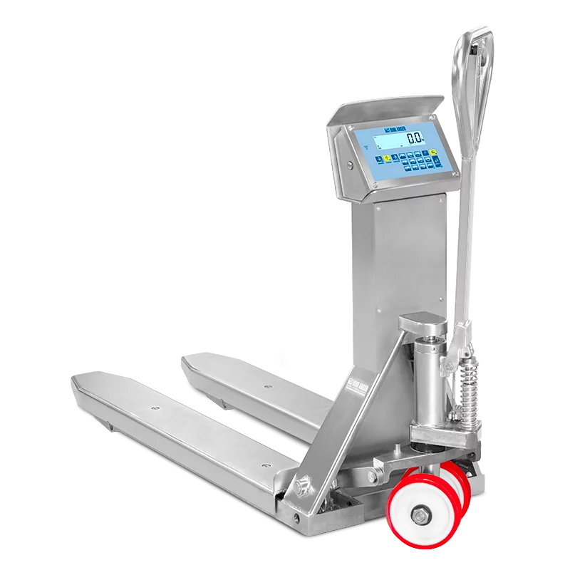 Geeicht lieferbare Hubwagen mit Waage – Dini Argeo TPWIM-PRO – Höchstlast 2000 kg – Ablesbarkeit 500 g – Wägefläche 1180 x 550 mm – Edelstahl