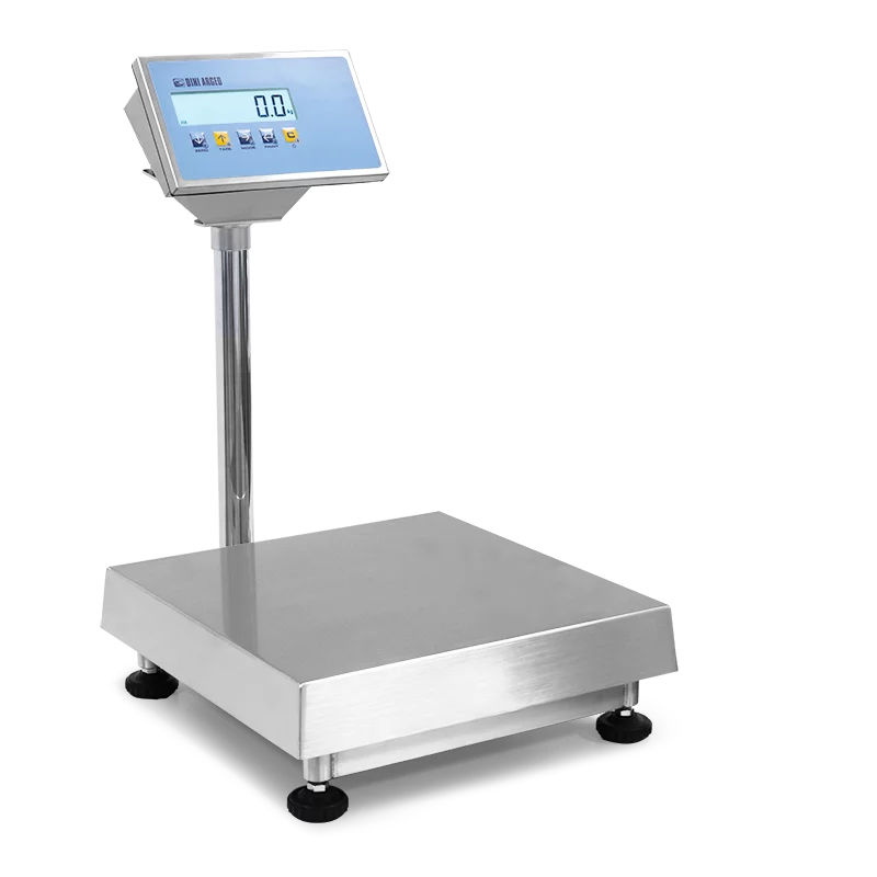 Geeicht lieferbare Plattformwaage – Dini Argeo WEXI300-2 – Höchstlast 300 kg – Ablesbarkeit 100 g – Wägefläche 600 x 600 mm – Edelstahl